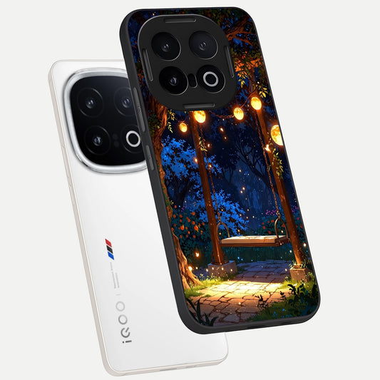  Twilight Garden Swing phone case for iQOO 13 showing premium glass back cover with detailed artwork
