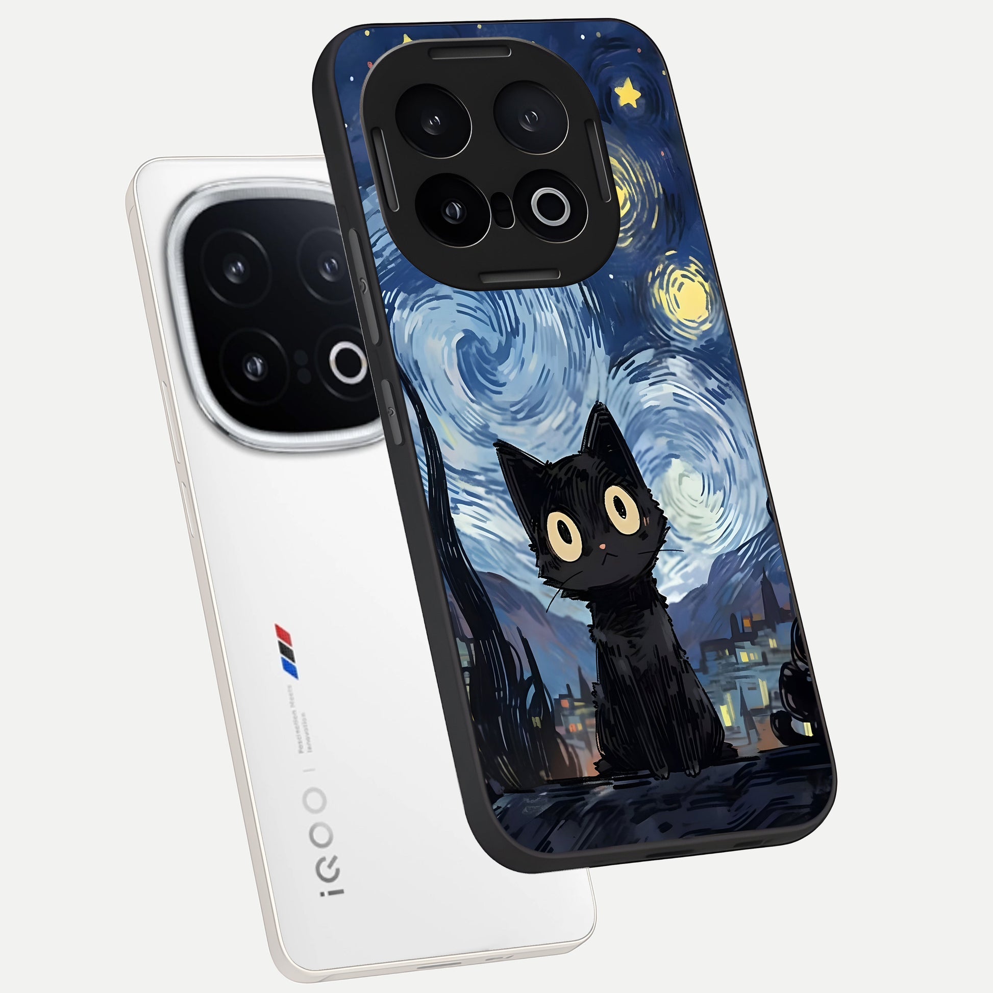  Van Gogh Cat phone case for iQOO 13 showing premium glass back cover with detailed artwork