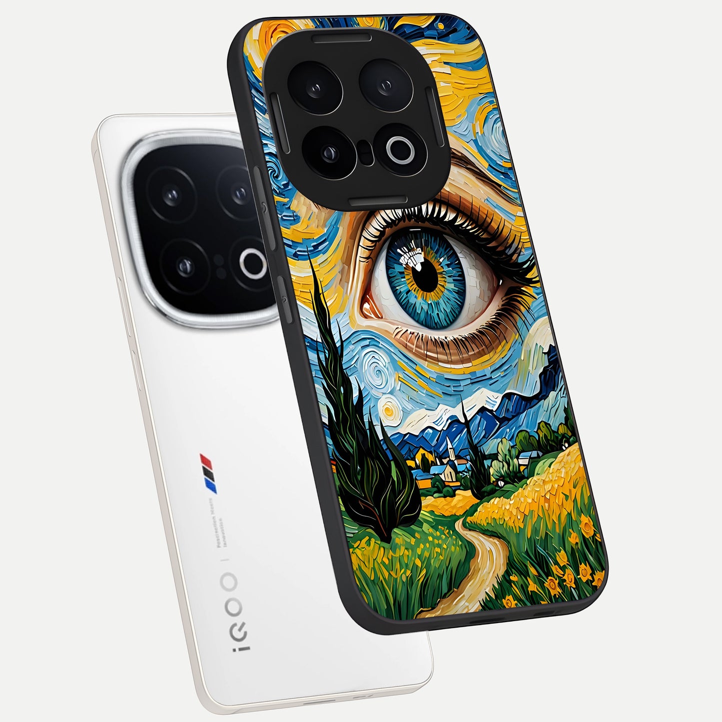  Van Gogh Eye phone case for iQOO 13 showing premium glass back cover with detailed artwork
