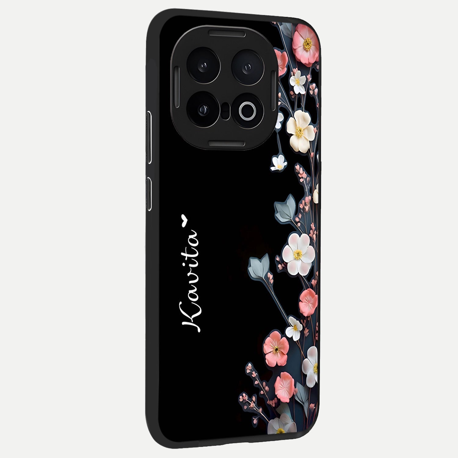 Black Elegance Floral Custom Name back cover for iQOO 13 slim fit glass case with vibrant aesthetic design