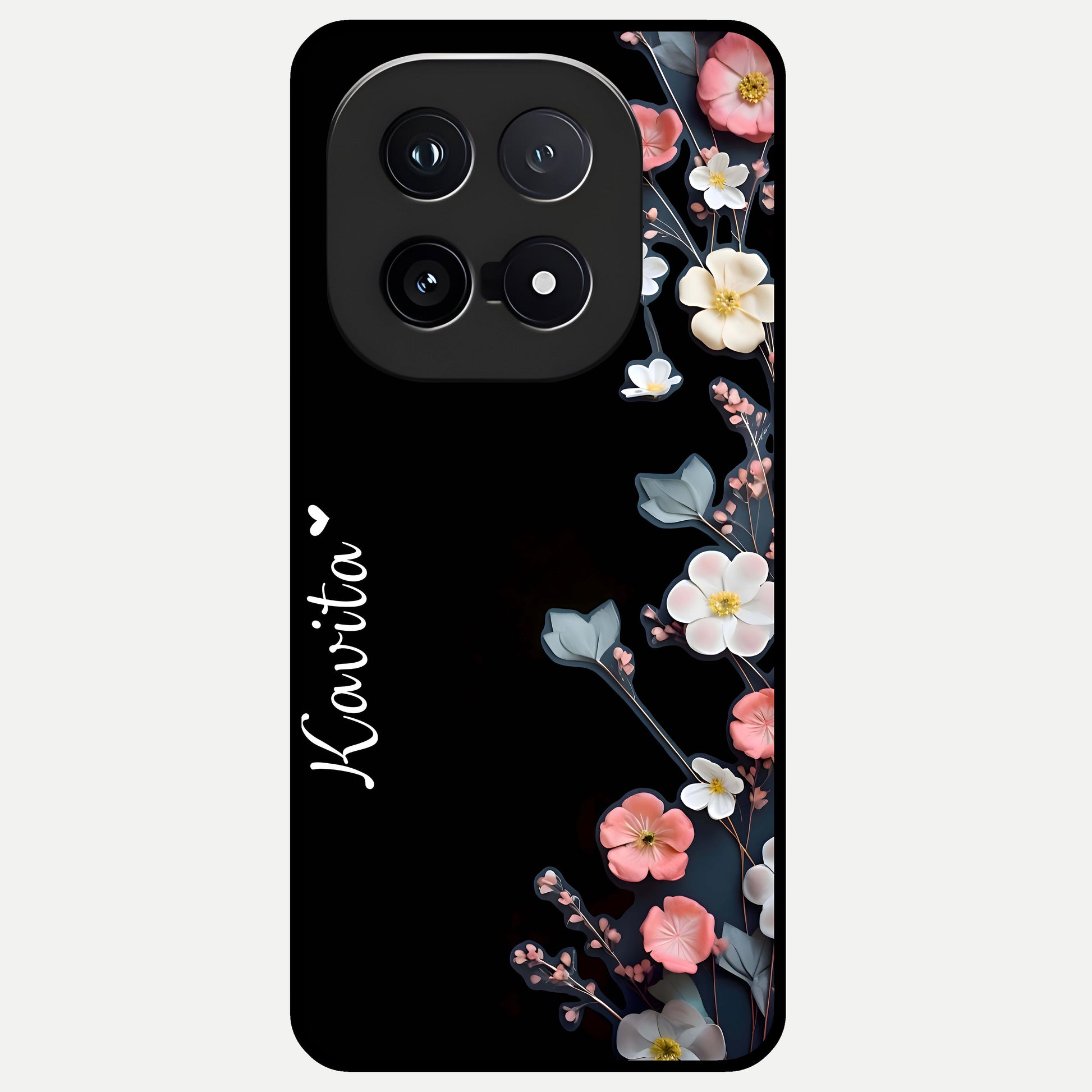  Black Elegance Floral Custom Name Glass Case for iQOO 15 back cover – full design glossy printed glass finish