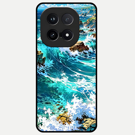  Coastal Blue Waves Glass Case for iQOO 15 back cover – full design glossy printed glass finish