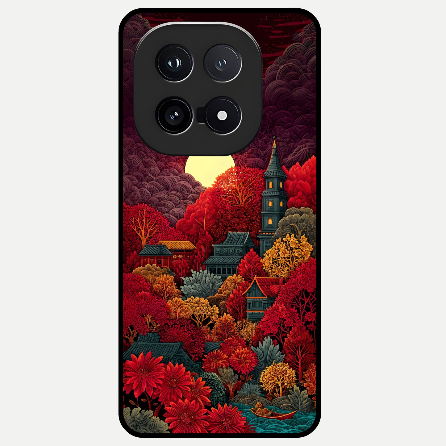  Scarlet Autumn Temple Glass Case for iQOO 15 back cover – full design glossy printed glass finish