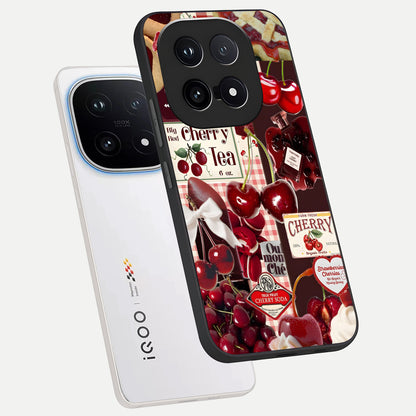  Aesthetic Cherry Tea phone case for iQOO 15 showing premium glass back cover with detailed artwork