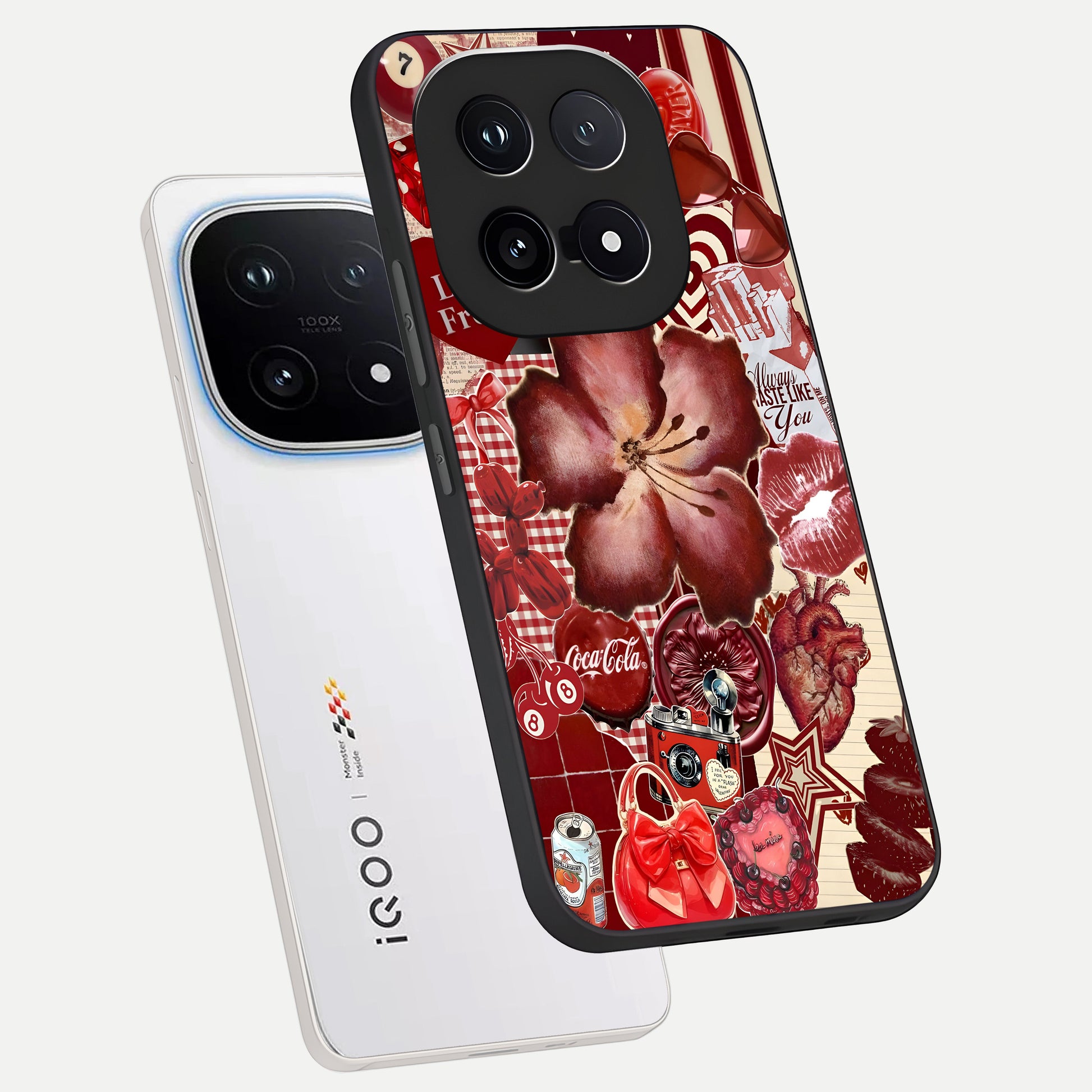  Aesthetic Little Freak phone case for iQOO 15 showing premium glass back cover with detailed artwork