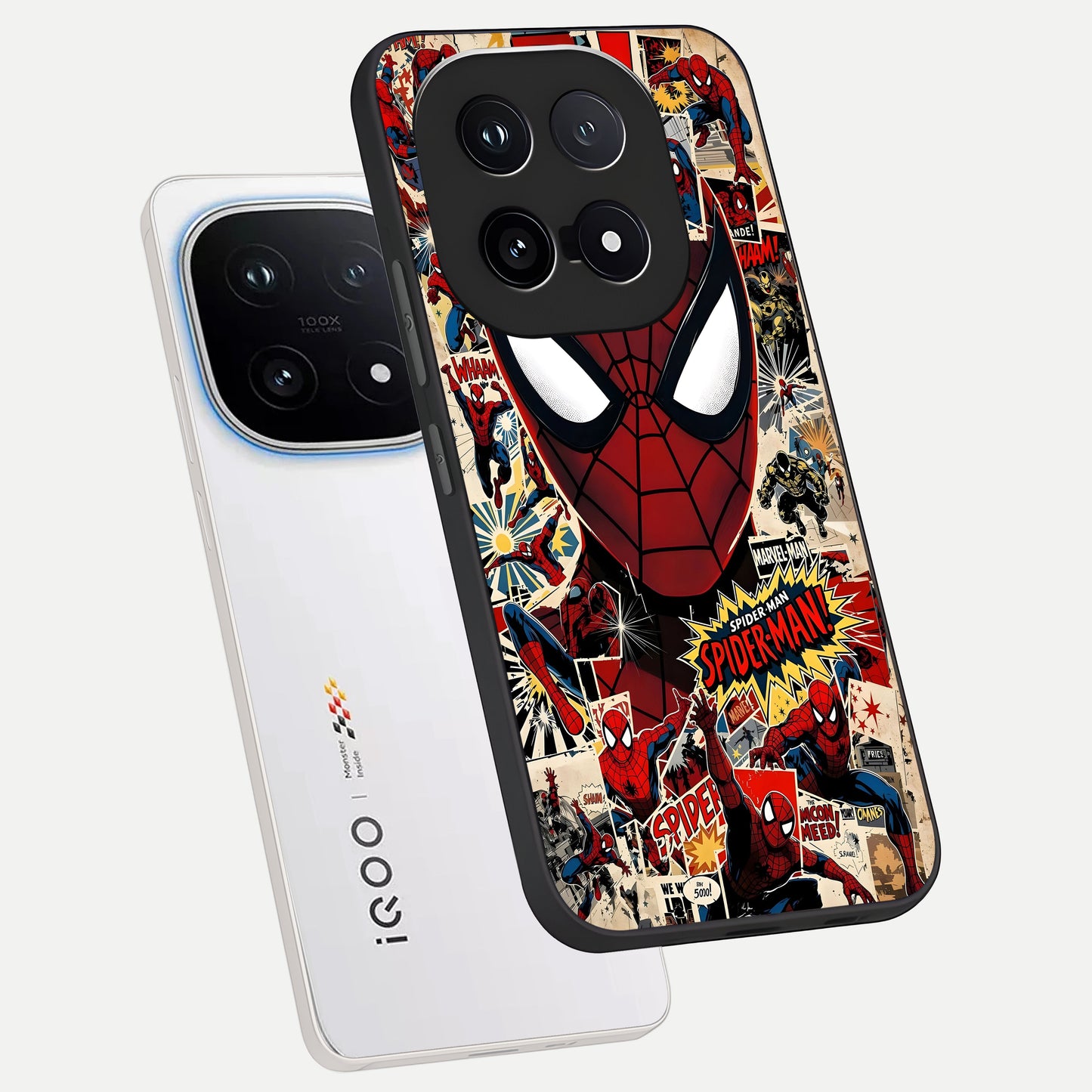  Aesthetic Wonder Spider phone case for iQOO 15 showing premium glass back cover with detailed artwork