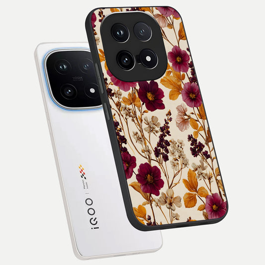  Autumn Wine Bloom phone case for iQOO 15 showing premium glass back cover with detailed artwork