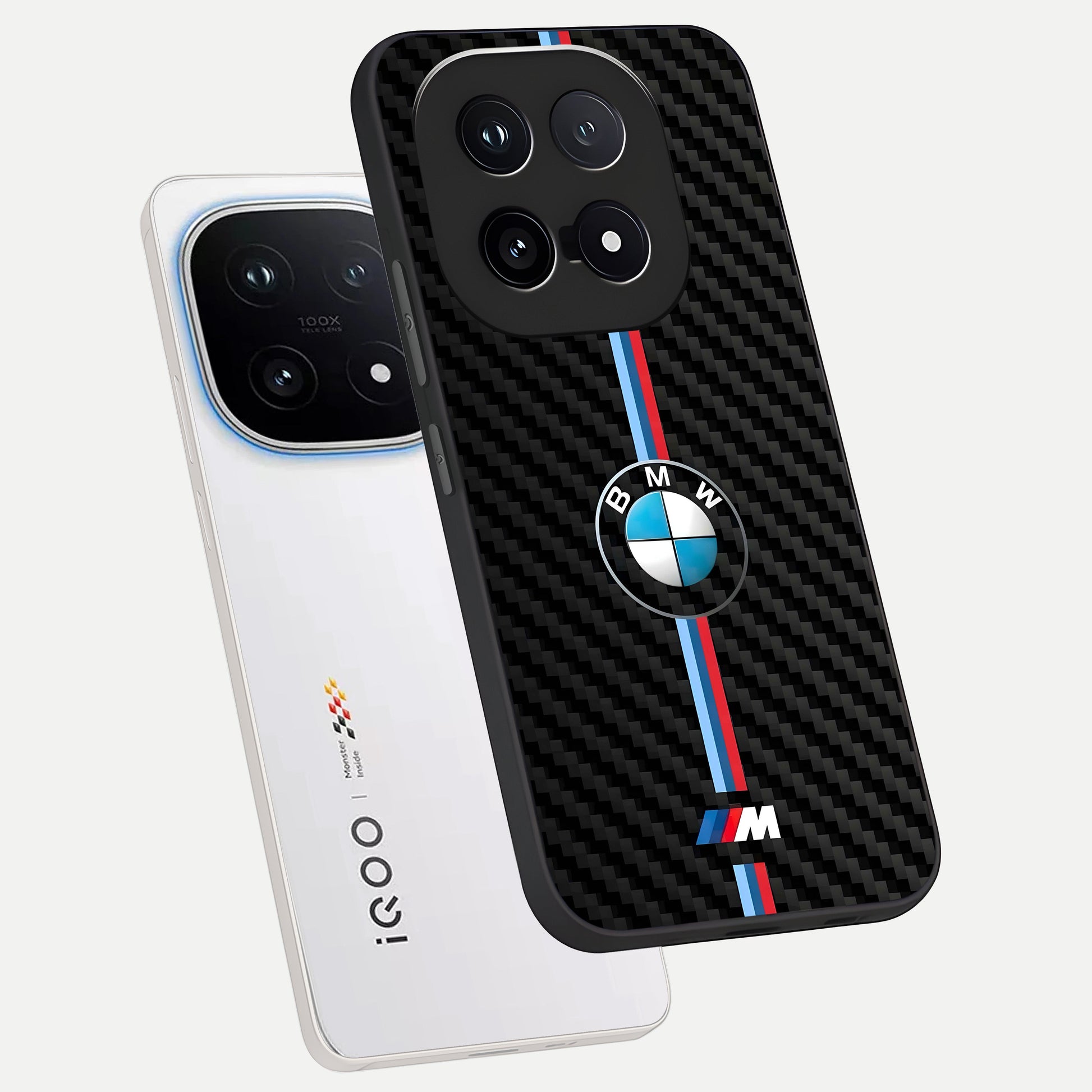  BMW Pattern phone case for iQOO 15 showing premium glass back cover with detailed artwork
