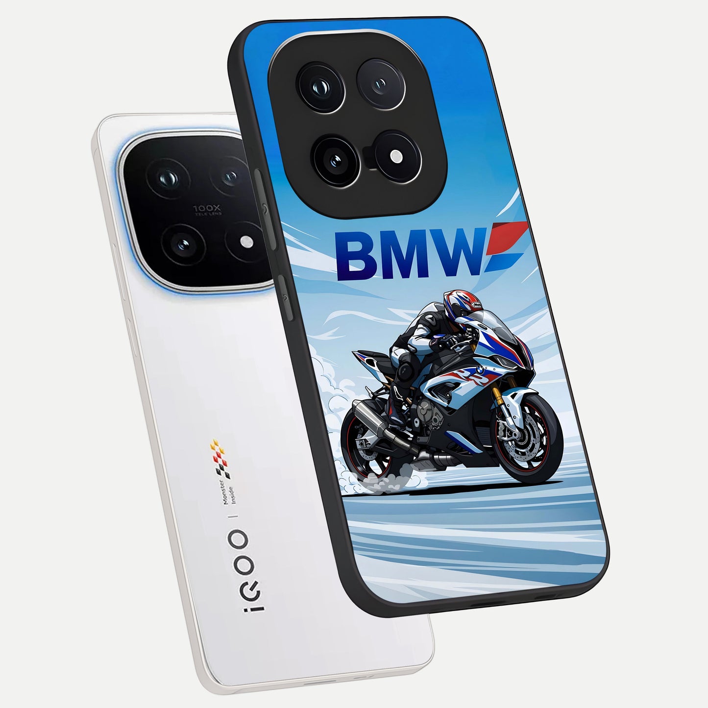  BMW Power Drift phone case for iQOO 15 showing premium glass back cover with detailed artwork