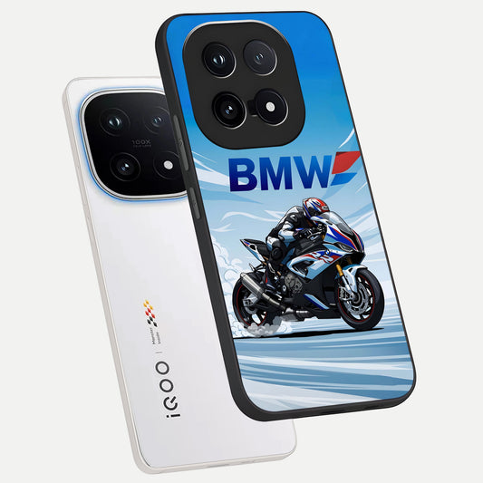  BMW Power Drift phone case for iQOO 15 showing premium glass back cover with detailed artwork