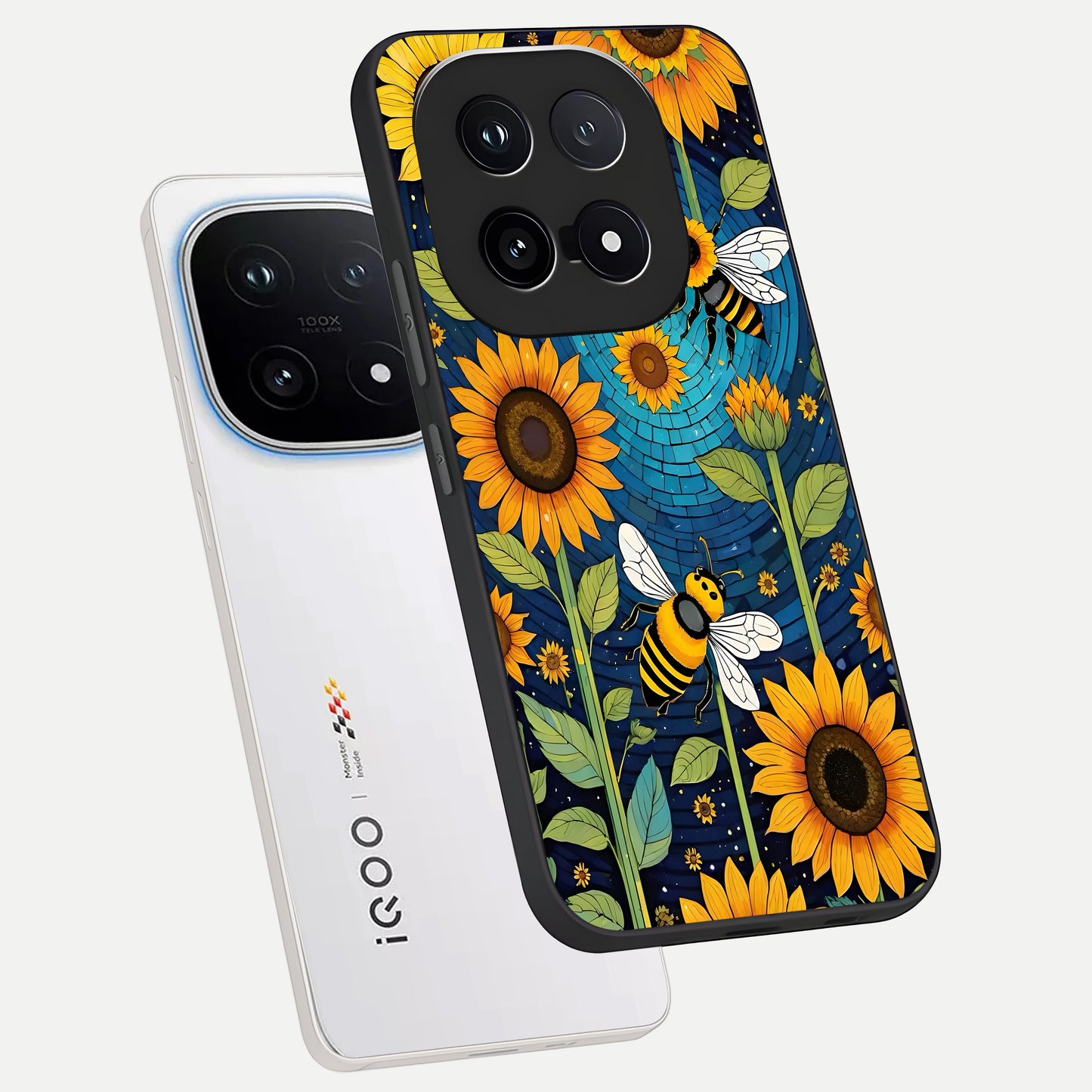  Bees And Sunflowers phone case for iQOO 15 showing premium glass back cover with detailed artwork