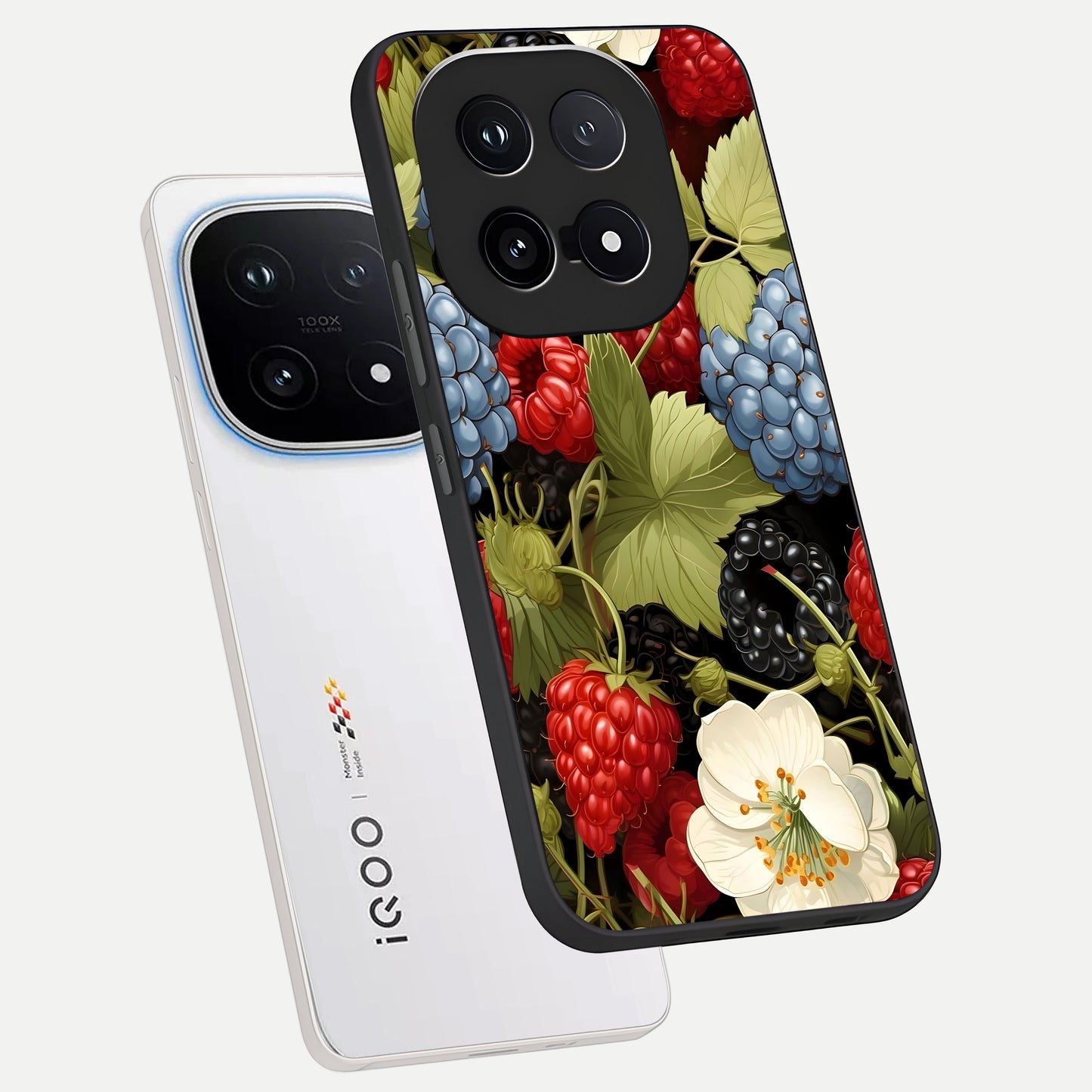  Berry Bloom Charm phone case for iQOO 15 showing premium glass back cover with detailed artwork