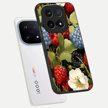 Berry Bloom Charm phone case for iQOO 15 showing premium glass back cover with detailed artwork