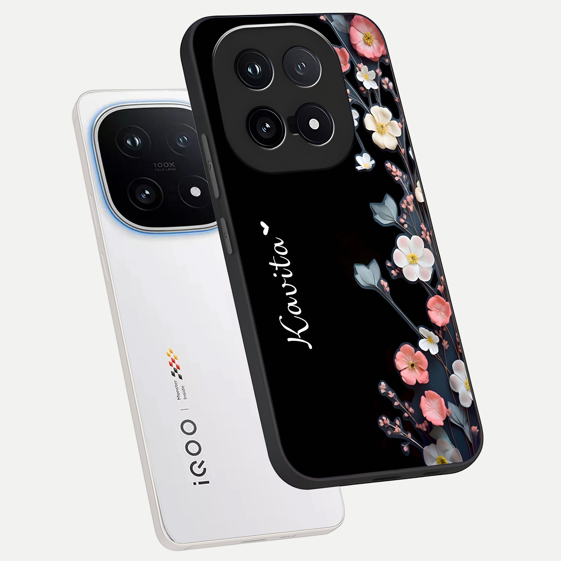  Black Elegance Floral Custom Name phone case for iQOO 15 showing premium glass back cover with detailed artwork