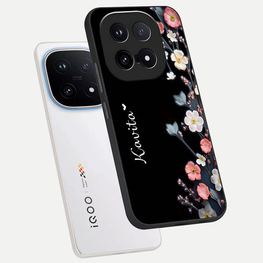  Black Elegance Floral Custom Name phone case for iQOO 15 showing premium glass back cover with detailed artwork