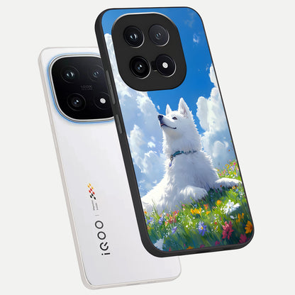  Blissful Cloud Pup phone case for iQOO 15 showing premium glass back cover with detailed artwork