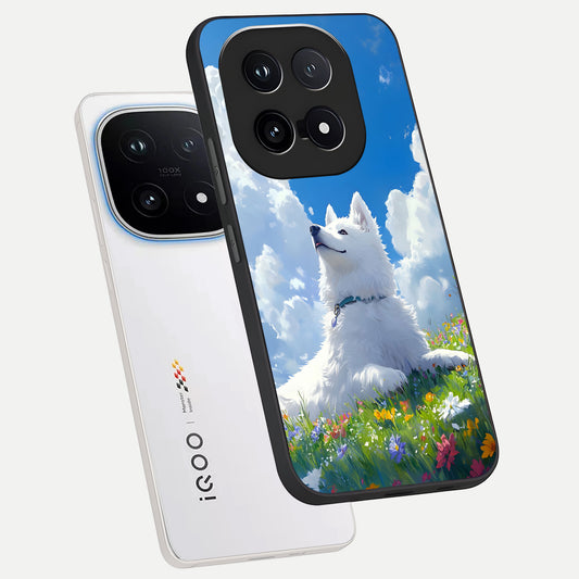  Blissful Cloud Pup phone case for iQOO 15 showing premium glass back cover with detailed artwork