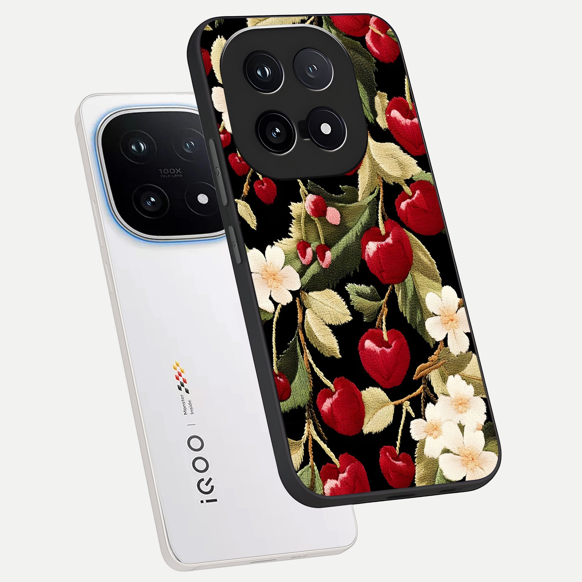  Blooming Spendor Bird phone case for iQOO 15 showing premium glass back cover with detailed artwork