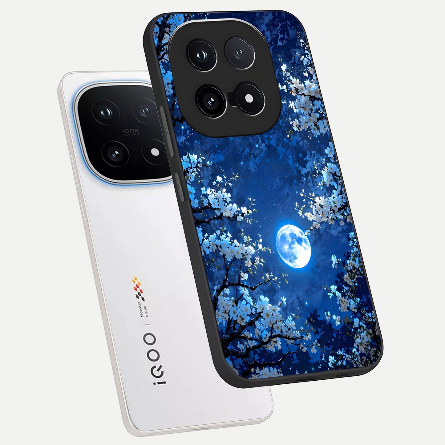  Blossom Moonlight Sky phone case for iQOO 15 showing premium glass back cover with detailed artwork