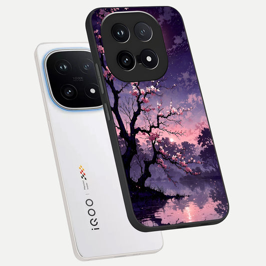  Blossom Pink Moon phone case for iQOO 15 showing premium glass back cover with detailed artwork
