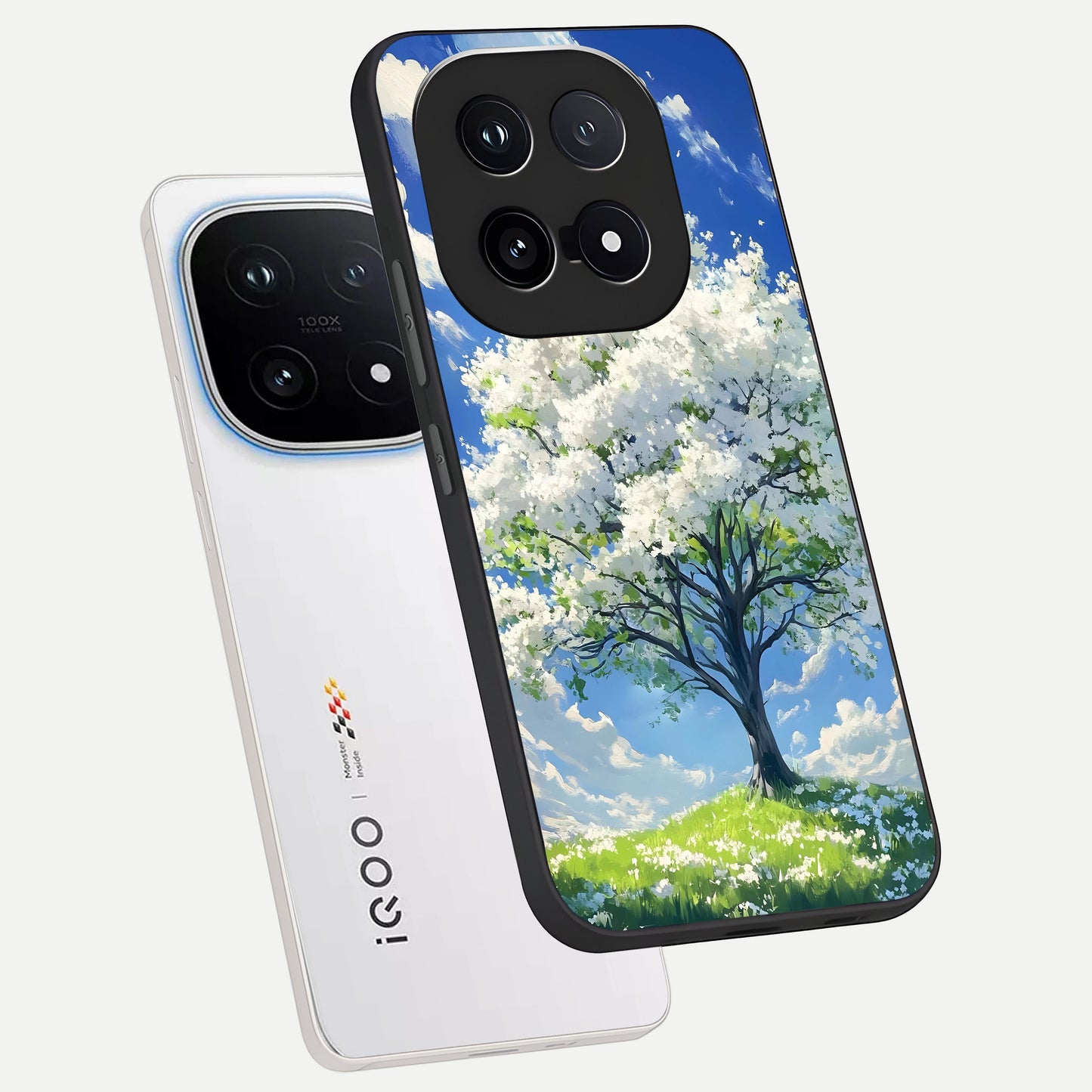  Blossom Sky Serenity phone case for iQOO 15 showing premium glass back cover with detailed artwork