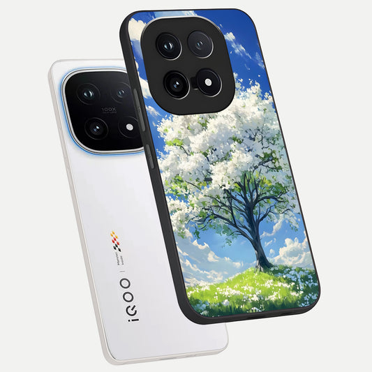  Blossom Sky Serenity phone case for iQOO 15 showing premium glass back cover with detailed artwork
