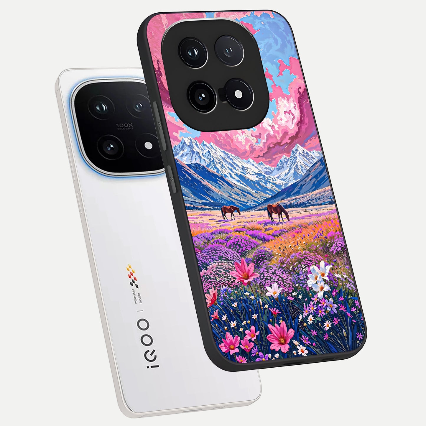  Blossom Valley Dream phone case for iQOO 15 showing premium glass back cover with detailed artwork