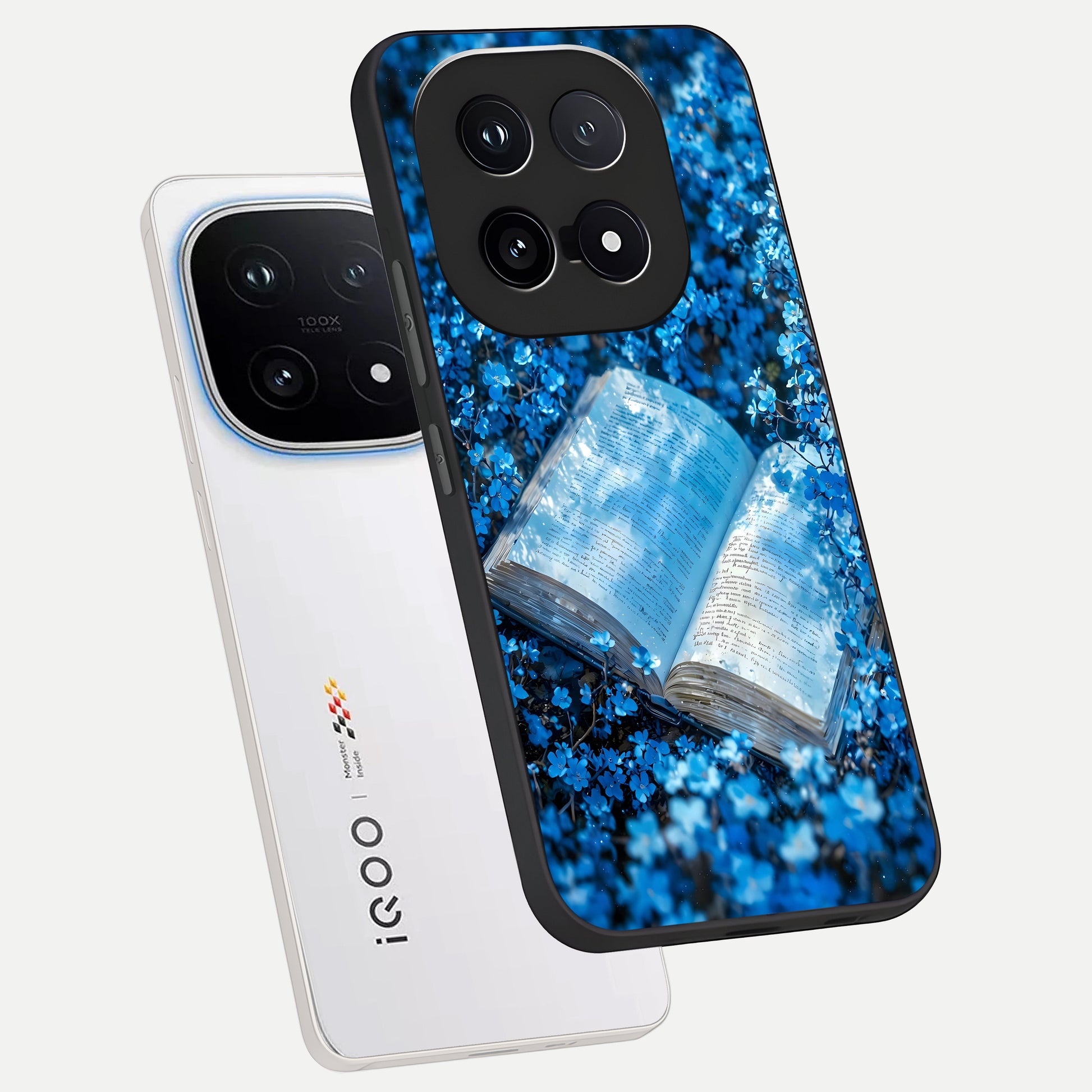  Blue Bloom Tales phone case for iQOO 15 showing premium glass back cover with detailed artwork