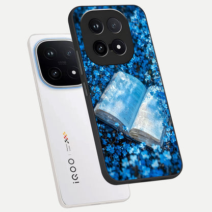  Blue Bloom Tales phone case for iQOO 15 showing premium glass back cover with detailed artwork