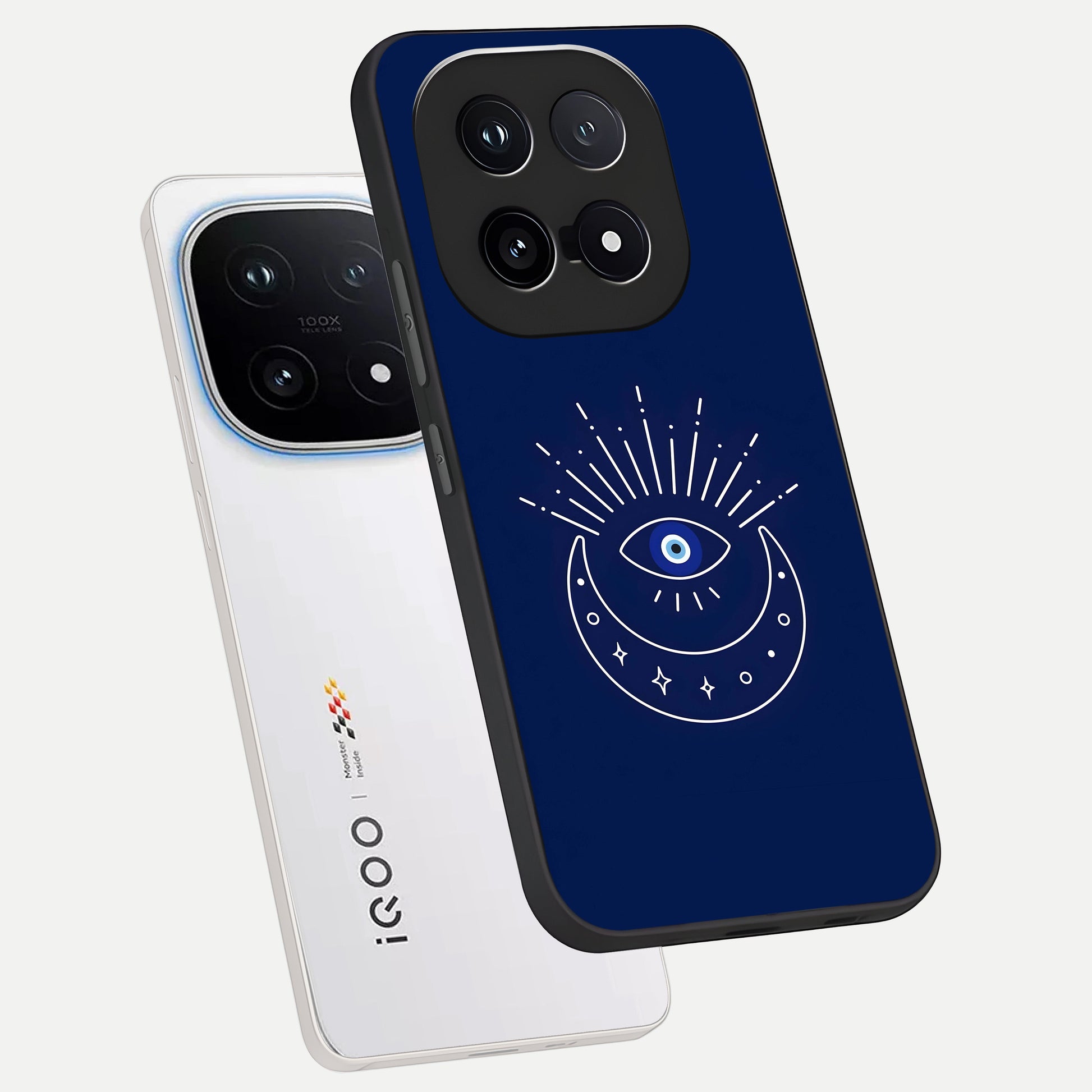  Blue Evil Eye phone case for iQOO 15 showing premium glass back cover with detailed artwork