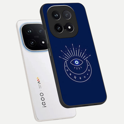  Blue Evil Eye phone case for iQOO 15 showing premium glass back cover with detailed artwork