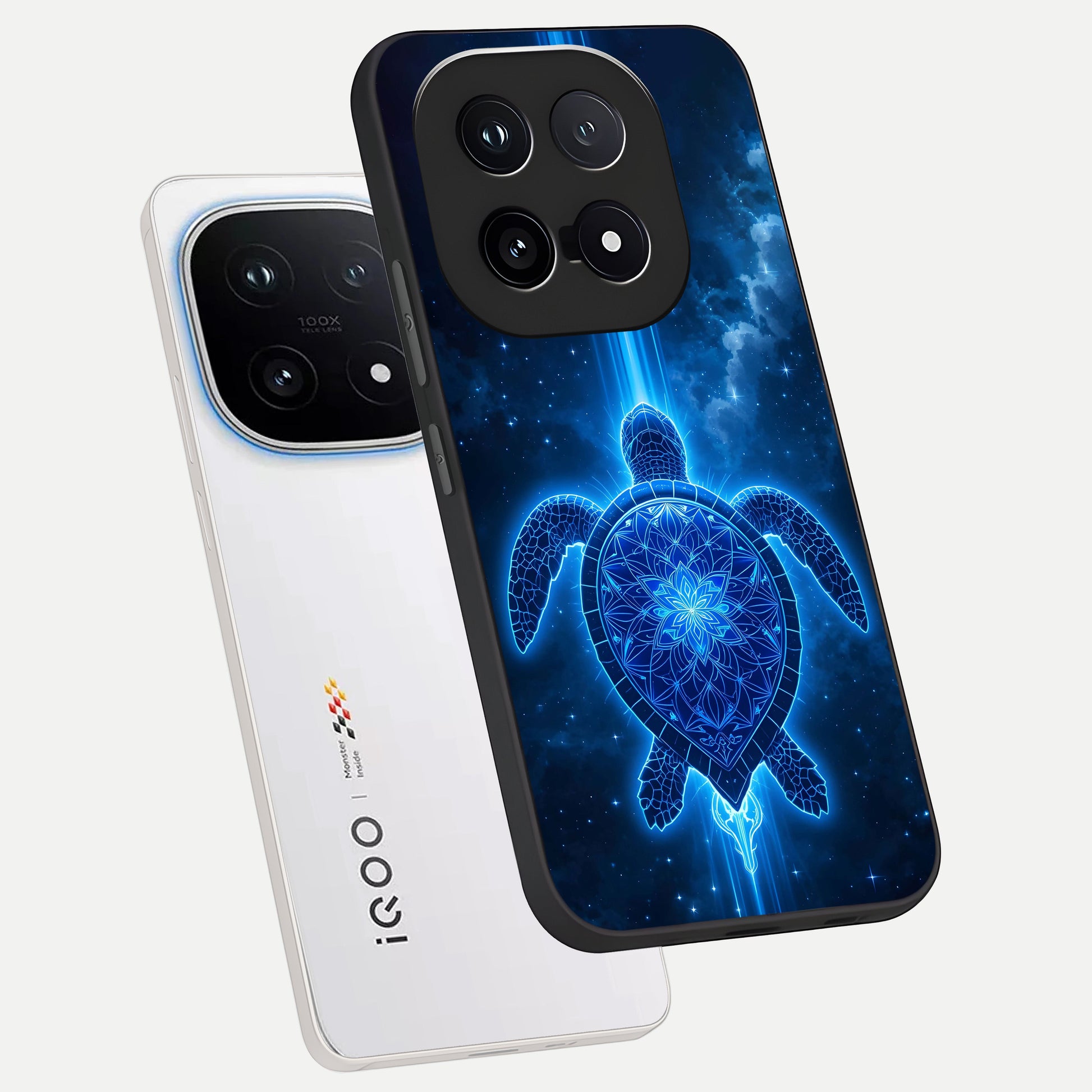  Blue Galaxy Turtle phone case for iQOO 15 showing premium glass back cover with detailed artwork