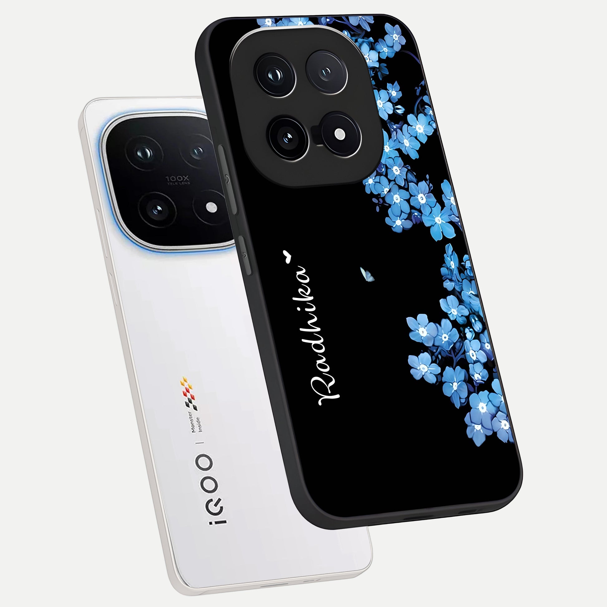  Blue Petal Dream Custom Name phone case for iQOO 15 showing premium glass back cover with detailed artwork