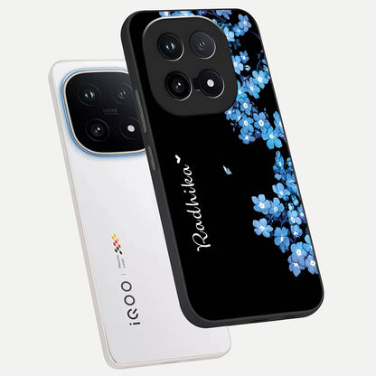  Blue Petal Dream Custom Name phone case for iQOO 15 showing premium glass back cover with detailed artwork