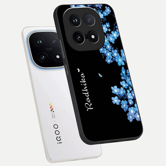  Blue Petal Dream Custom Name phone case for iQOO 15 showing premium glass back cover with detailed artwork