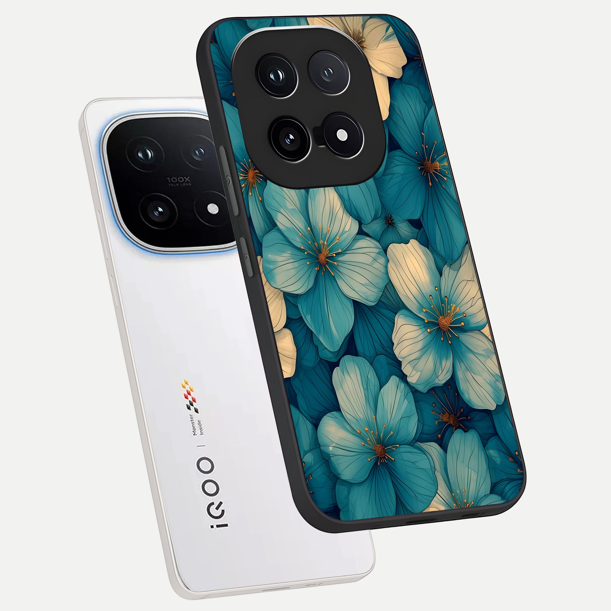 Blue Shade Floral phone case for iQOO 15 showing premium glass back cover with detailed artwork