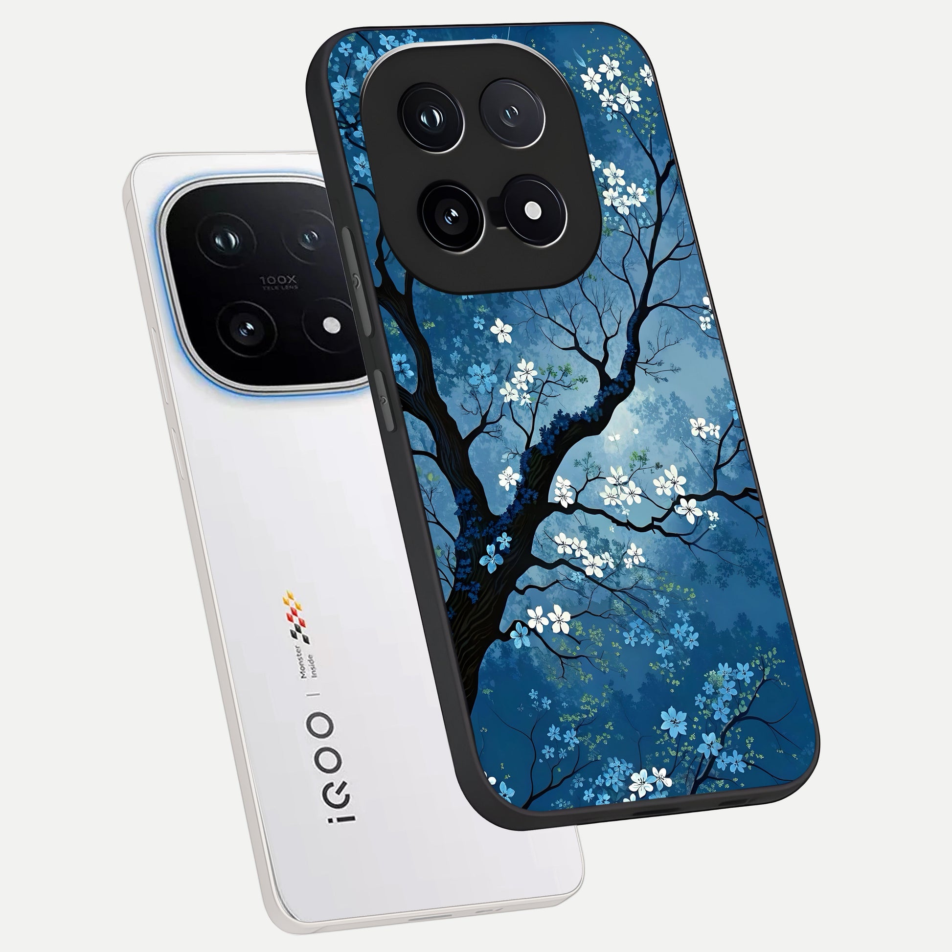  Blue Tree Serenity phone case for iQOO 15 showing premium glass back cover with detailed artwork
