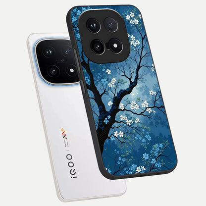  Blue Tree Serenity phone case for iQOO 15 showing premium glass back cover with detailed artwork