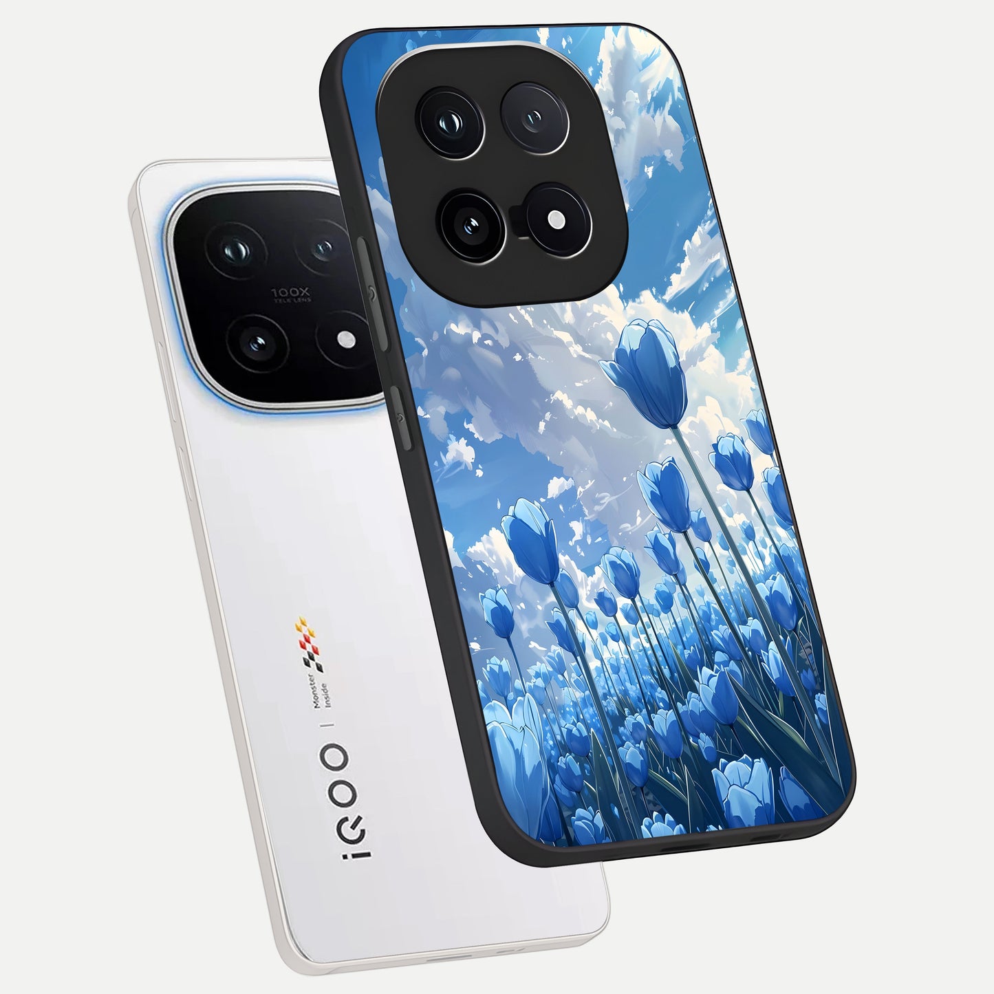  Blue Tulip Clouds phone case for iQOO 15 showing premium glass back cover with detailed artwork