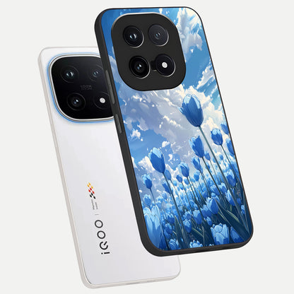  Blue Tulip Clouds phone case for iQOO 15 showing premium glass back cover with detailed artwork