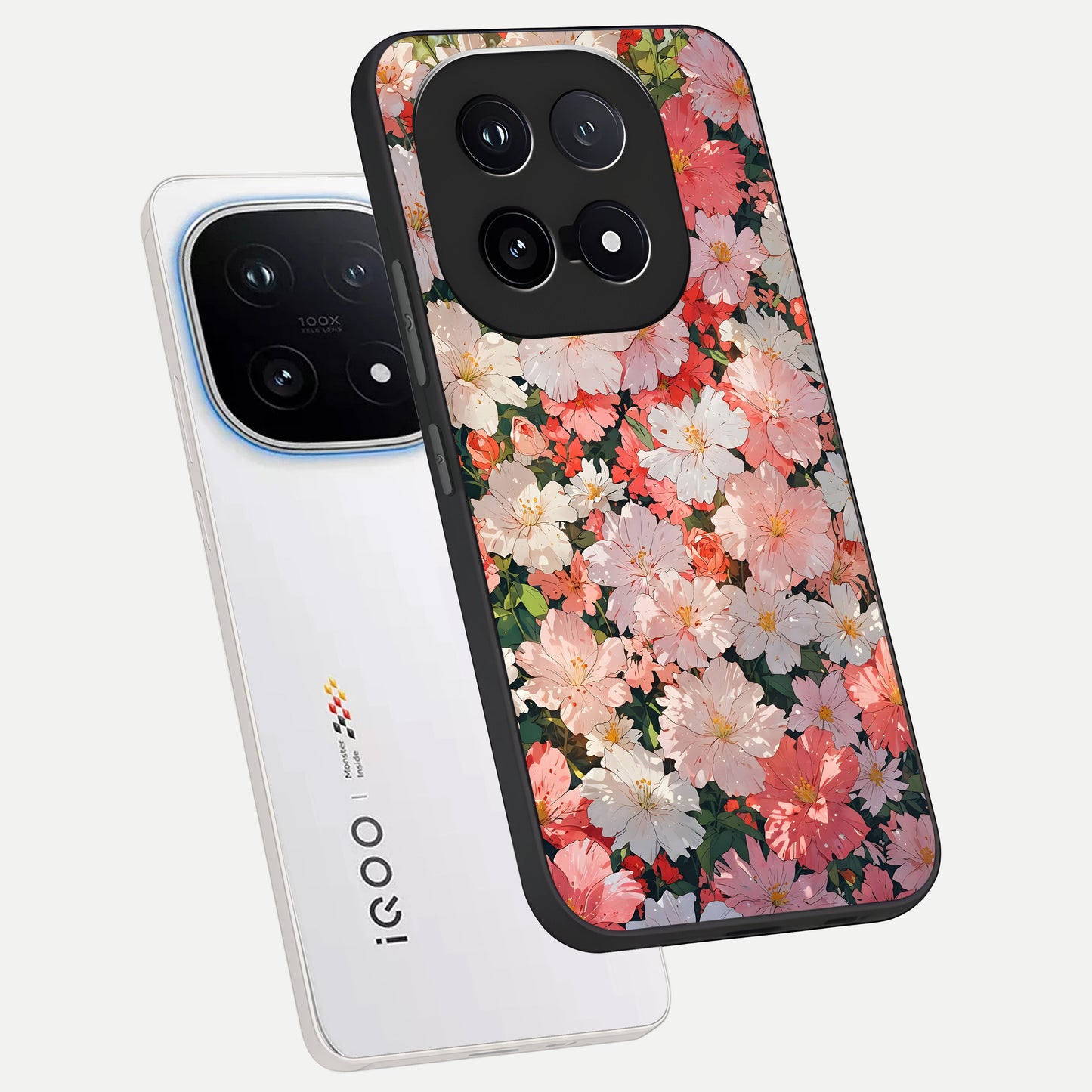  Blush Bloom Field phone case for iQOO 15 showing premium glass back cover with detailed artwork