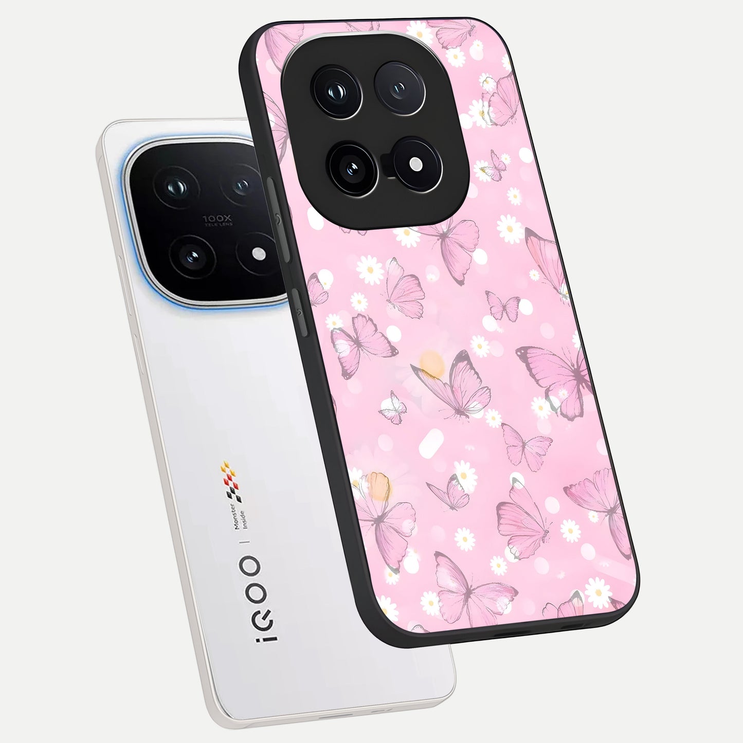  Blush Butterfly Garden phone case for iQOO 15 showing premium glass back cover with detailed artwork