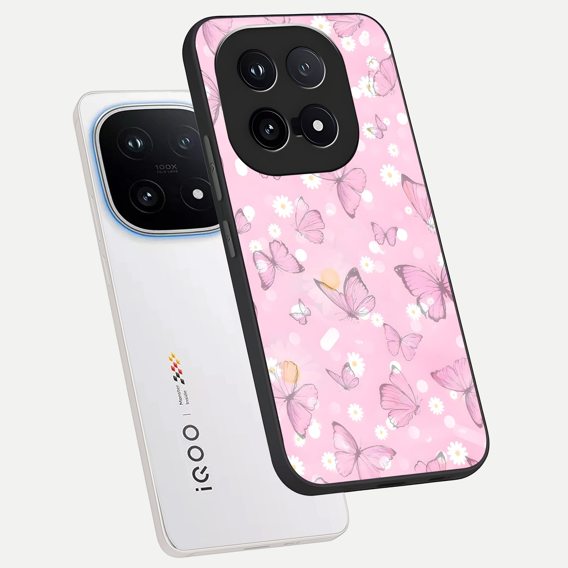  Blush Butterfly Garden phone case for iQOO 15 showing premium glass back cover with detailed artwork