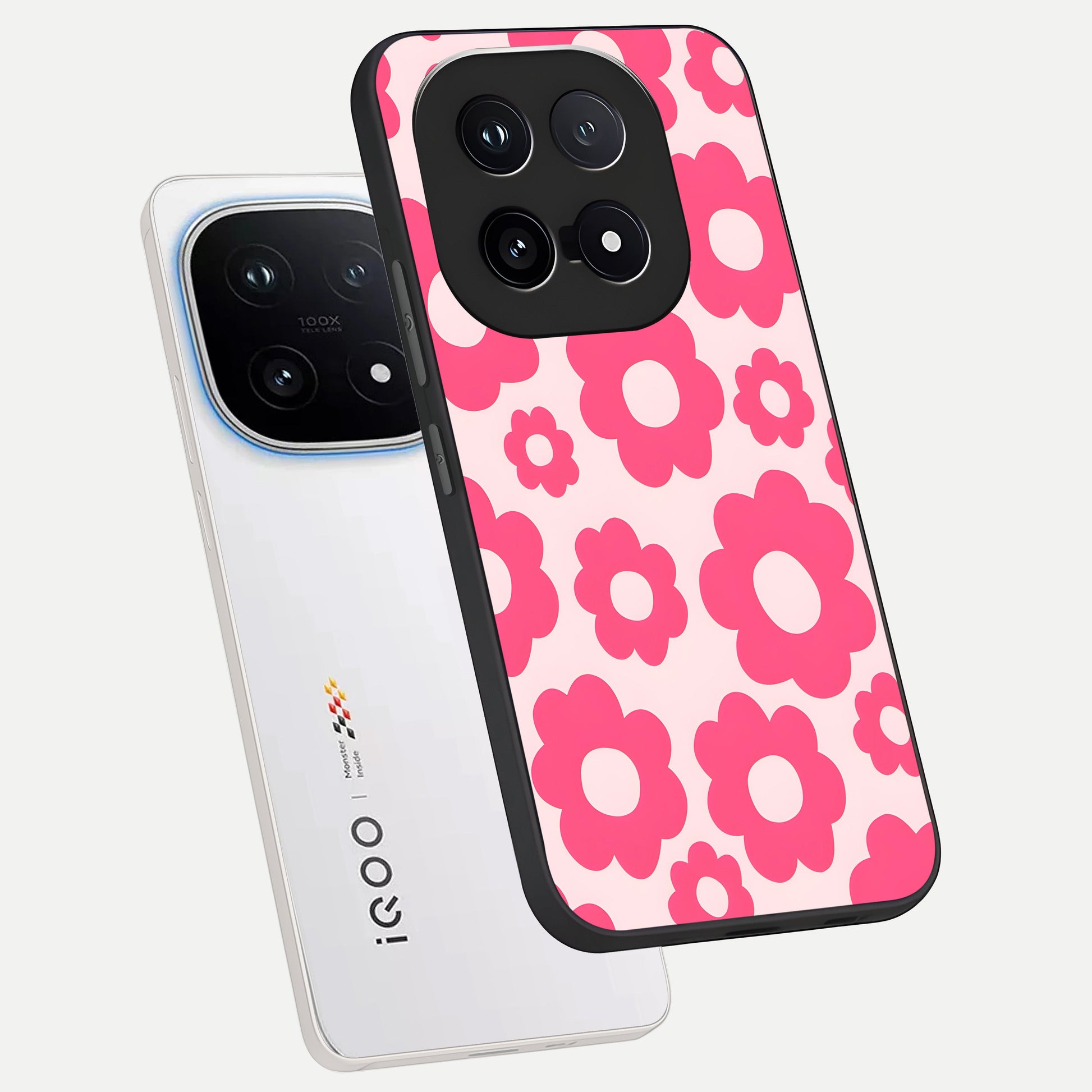  Blush Flower Pop phone case for iQOO 15 showing premium glass back cover with detailed artwork