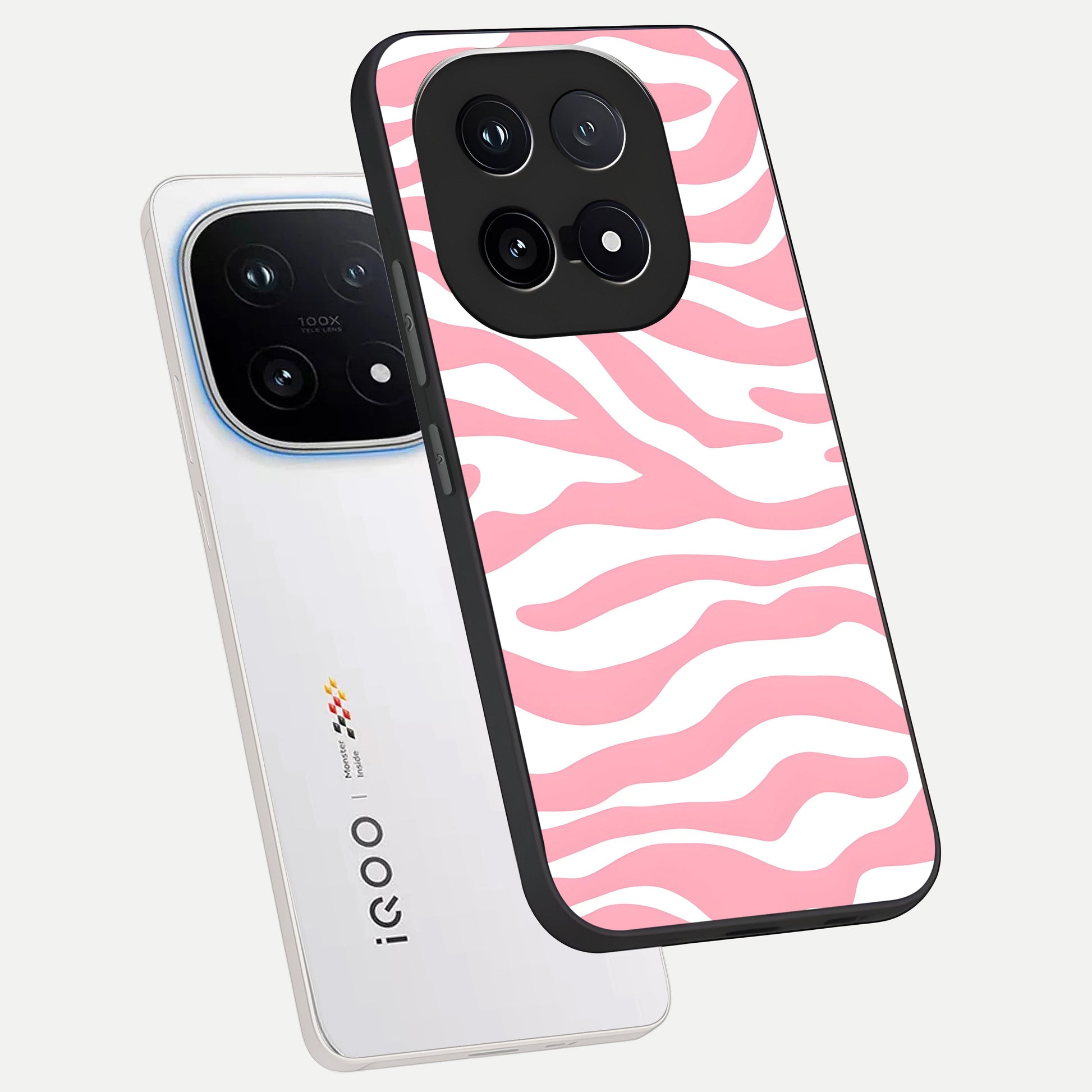  Blush Zebra Flow phone case for iQOO 15 showing premium glass back cover with detailed artwork