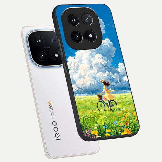  Breezy Meadow Ride phone case for iQOO 15 showing premium glass back cover with detailed artwork