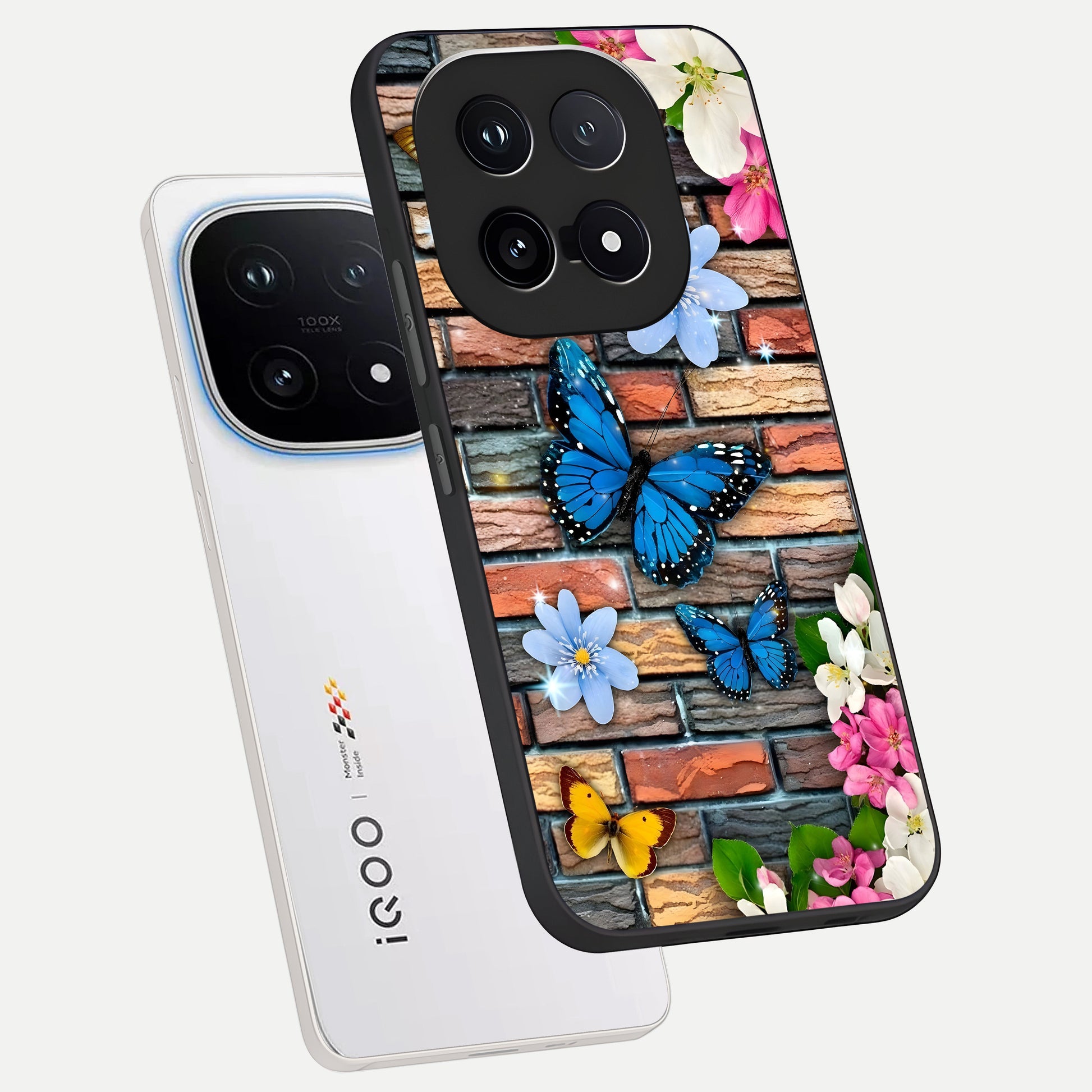  Brick Bloom Flight phone case for iQOO 15 showing premium glass back cover with detailed artwork