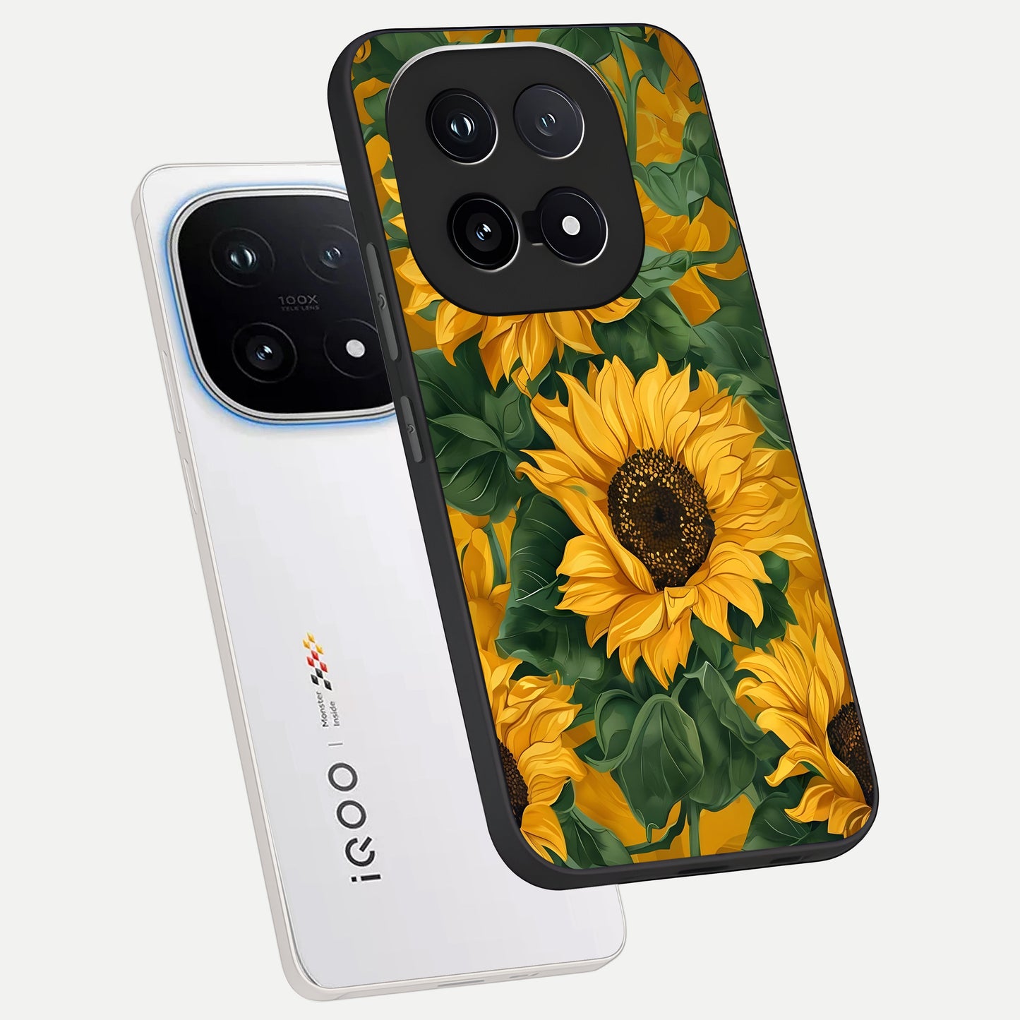  Bright Sunflower Bloom phone case for iQOO 15 showing premium glass back cover with detailed artwork
