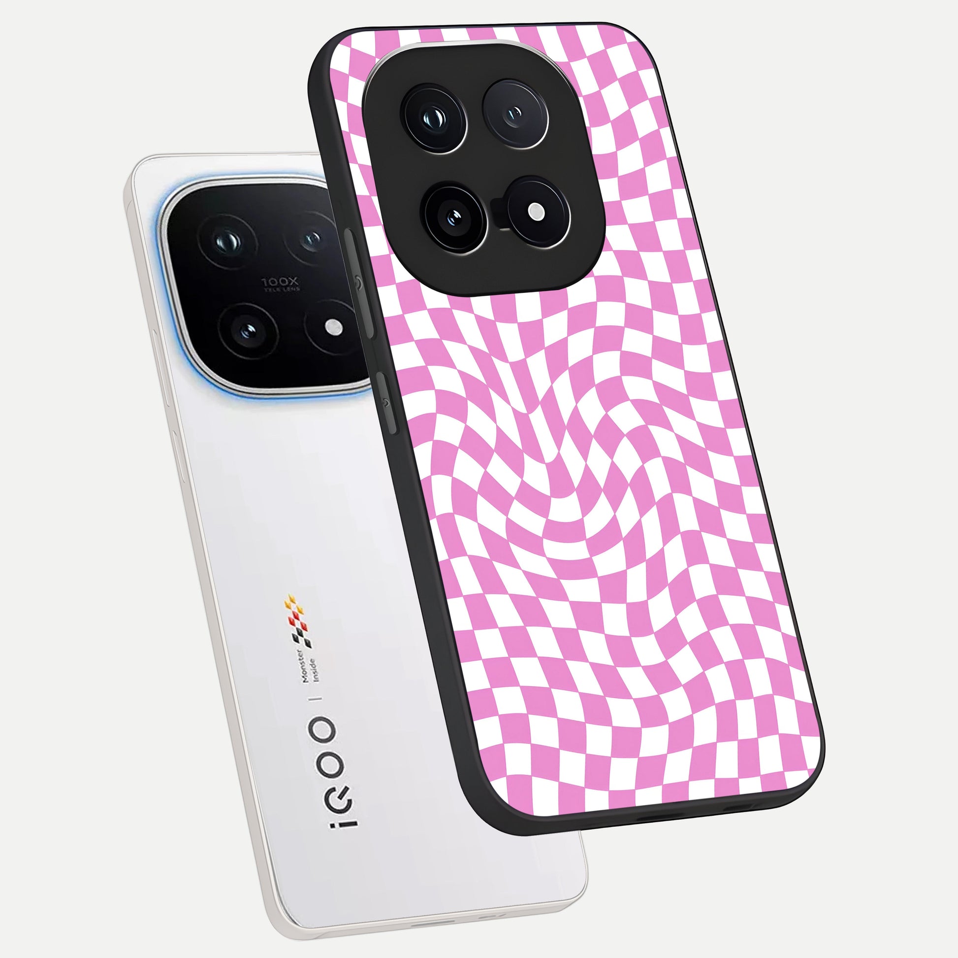  Bubblegum Check Wave phone case for iQOO 15 showing premium glass back cover with detailed artwork