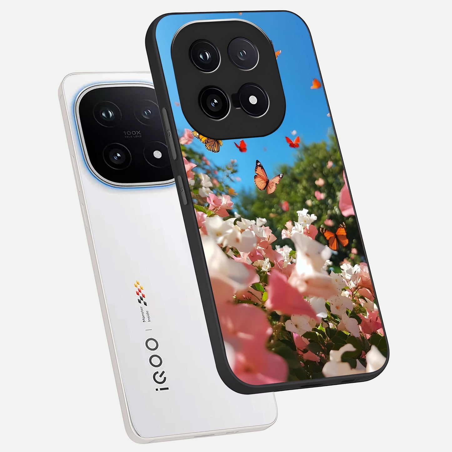  Butterflies In Bloom Sky phone case for iQOO 15 showing premium glass back cover with detailed artwork